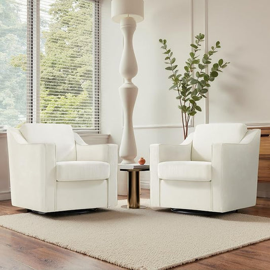 UIXE Swivel Accent Chair Set of 2, Chenille Upholstered Arm Chair for Living Room, Modern Club Armchair Comfy Single Sofa Bedroom Reading Seat with Lumbar Pillow - Cream Beige