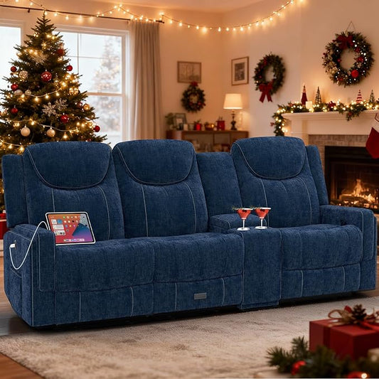 Recliner Sofa, 2 - Way Multi - Function Manual 3 Seater Couch with Cup Holders, Storage & USB Ports, Modern Multifunctional Sofa, Cloud-Like Blue Fabric Reclining Couch for Living Room