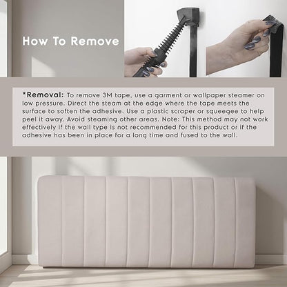 Upholstered Full Headboard - Easy Assemble Channel Stitched Headboard Full Size - Wall Mounted Headboards with 3D Soundproof Wall Panels Peel & Stick Floating Headboards, Beige