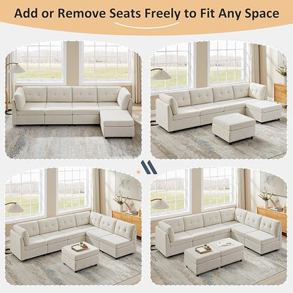 VANOMi 6 Seater Modular Sectional Sofa, Convertible Modular Cloud Sofa Bed with Ottoman, Comfy Chenille Sofas & Couches for Living Room, Apartment, Office, Beige, Sofa Bed