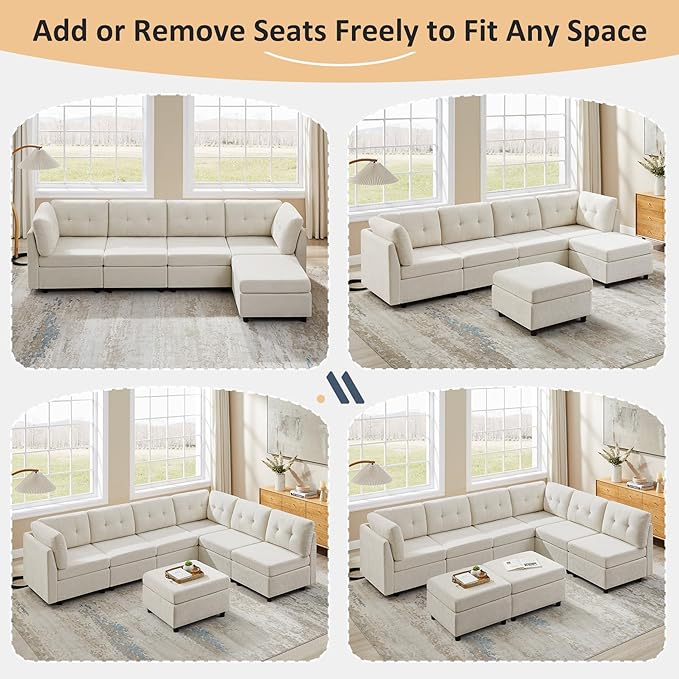 VANOMi 6 Seater Sectional Couches for Living Room, 118" Convertible Modular Cloud Sofa, Comfy Chenille Sofas & Couches for Living Room, Apartment, Office, Beige, L/U Shaped