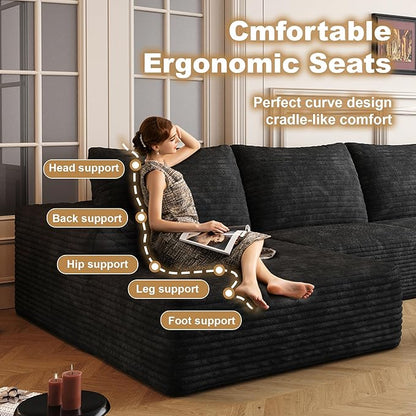 136" Sectional Couches for Living Room Modern Modular Sofa with L-Shape Couchs Upholstered Boneless Couch Deep Seat Sectional Couch with Chaise (Black, Left Facing Chaise+3Seaters)