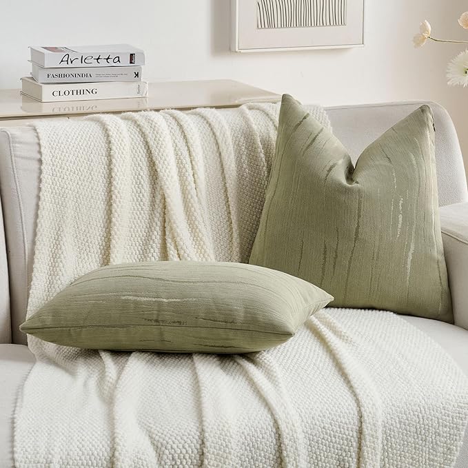 FUTEI Olive Green Chenille Decorative Throw Pillow Covers 24x24 Inch Set of 2,Soft Embossed Striped Textured European Cushion Case,Modern Home Decor for Couch Bed Living Room