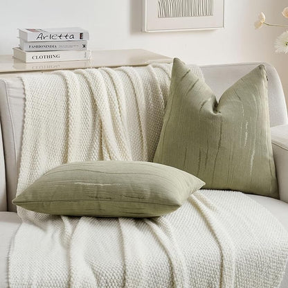 FUTEI Olive Green Chenille Decorative Throw Pillow Covers 18x18 Inch Set of 2,Soft Embossed Striped Textured Cushion Case,Modern Home Decor for Couch Bed Living Room