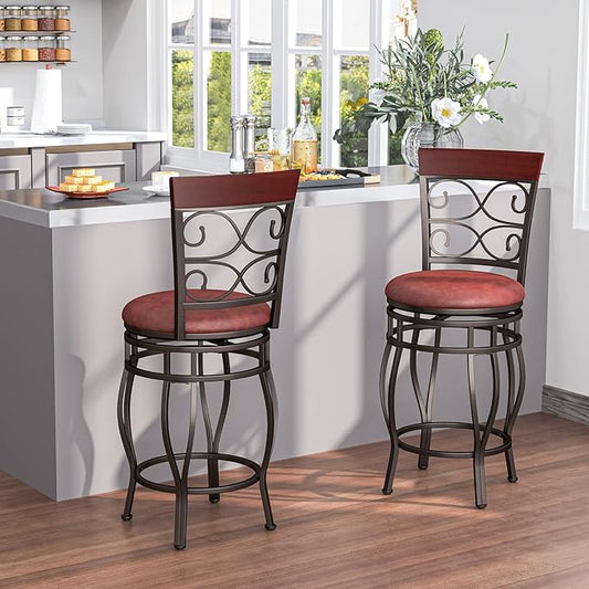 Giantex 26" Swivel Bar Stools Set of 2, Counter Height Bar Stools w/Back, Upholstered PU Leather Seat, Footrest, Max Load 330Lbs, Vintage Metal Barstools for Kitchen Island, Dining Room, Rustic Brown