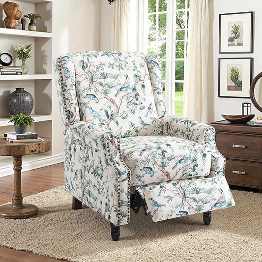 Recliner Chair, Upholstered Wingback Floral Pushback Armchair with Adjustable Backrest & Footrest, Comfy Accent Chair Reading Single Sofa for Small Spaces, Living Room, Bedroom