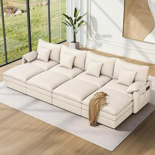 Vesgantti 142" Oversized Sectional Sofa Bed, 8-Seater Modular Sleeper Cloud Couch with Movable Ottoman, Corduroy Convertible Sofa Set Deep Seat Couches for Living Room, Bedroom and Apartment, Beige