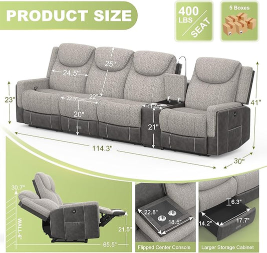 4 Seat Recliner Sofa, 2 - Way Multi - Function Manual 4 Seater Recliner Couch with Cup Holders, Storage & USB Ports, Luxury Large Linen & Leather Blend Reclining Sofa for Living Room
