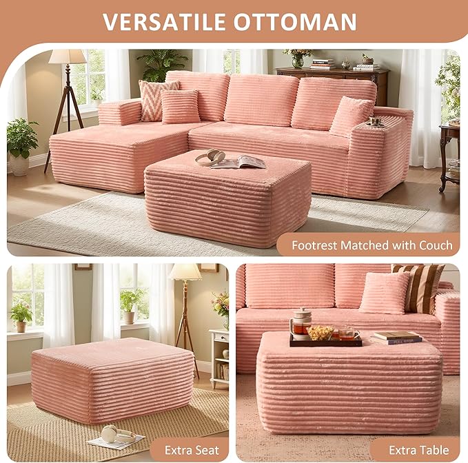 37.1" Ottoman for Couch, Plush Corduroy Memory Foam Ottoman Cloud Boneless Sectional Couch for Living Room Foot Stools No Assembly Require, Plush Corduroy,Pink