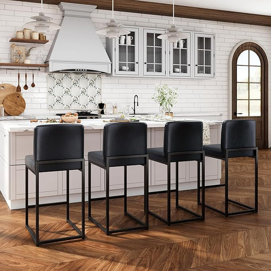 ALPHA HOME 24 Inch Bar Stools Set of 4, Kitchen Counter Stools with Backs, PU Leather Barstools, Kitchen Stools with Back&Upholstered Footrest, Sturdy Chromed Metal Steel Frame, Midnight Blue