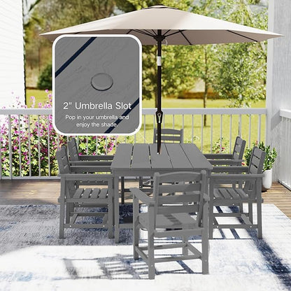 7 Piece Patio Dining Set with 11ft Patio Umbrella (Cream-White), 7 Gray Outdoor HDPE Dining Set with 6 Chairs + 1 Large Table, for Market, Pool, Garden, Backyard, Deck