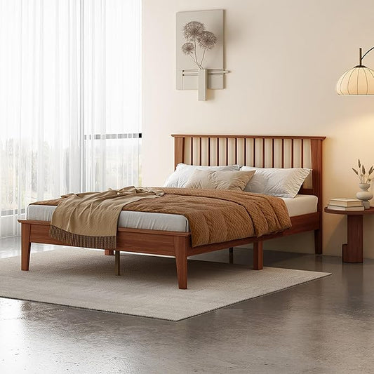 MUSEHOMEINC Solid Wood Full Size Bed Frame with Headboard, Mid Century Modern Style,Wooden Slat Support, No Box Spring Needed, Large Under Bed Storage, Easy Assembly (Full)