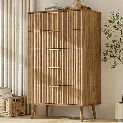 LYNSOM Fluted Dresser and Nightstand Sets 4 Piece, 1-Drawer Nightstands and 5/7 Drawers Dresser, Wood Bedroom Furniture Set for Home, Bedroom, Hallway, Natural Oak