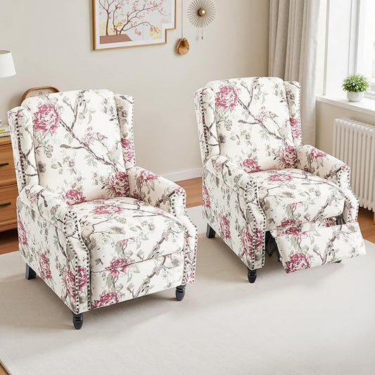 Wingback Recliner Chair Set of 2, Floral Fabric Pushback Recliner Chair, Upholstered Armchair Push Back Recliner, Rivet Trim Single Sofa Accent Chair with Wood Legs for Living Room, Floral Plants