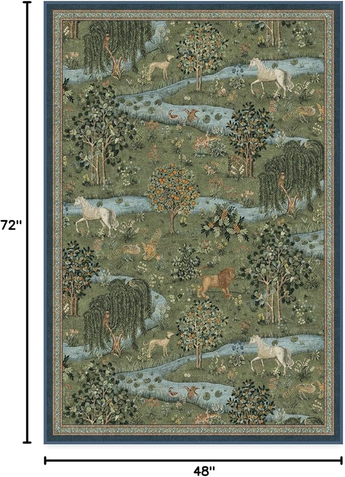 RUGGABLE x Morris & Co Washable Area Rug – Owl & Willow Green 4x6, Stain-Resistant, Non-Slip – Medium Machine Washable Rugs for Living Room, Bedroom, Hallway, Entryway & Office–with Cushioned Pad