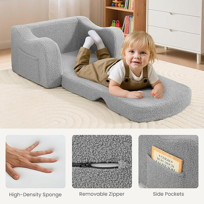 Comfy Toddler Chair & Kids, 2-in-1 Soft Couch Fold Out for Kids, Toddler Chairs Comfy 1-3 Years Old, Convertible Plush Sofa to Lounger for Girls and Boys,Light Grey