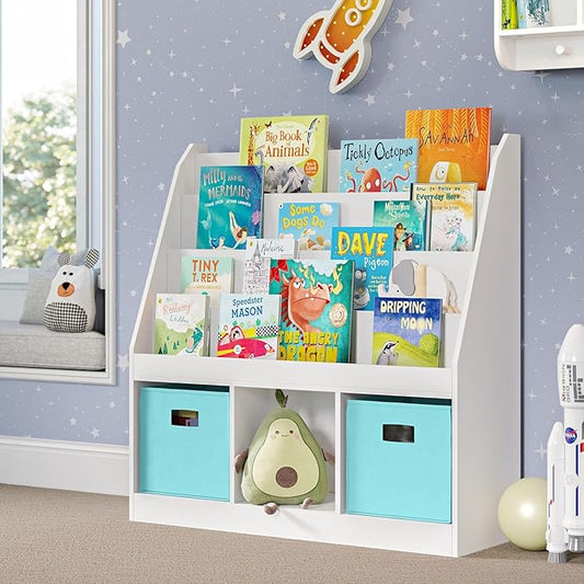 RiverRidge Kids Bookrack with Three Cubbies and 2 Aqua Bins