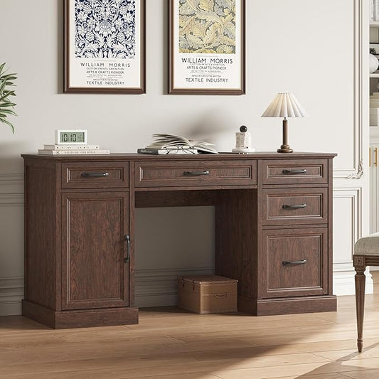 CARPETNAL 58'' Farmhouse Executive Desk with Drawers, Home Office Desk with File Drawer and Storage Cabinet, Rustic Computer Desk for Working, Studying, Writing, Brown