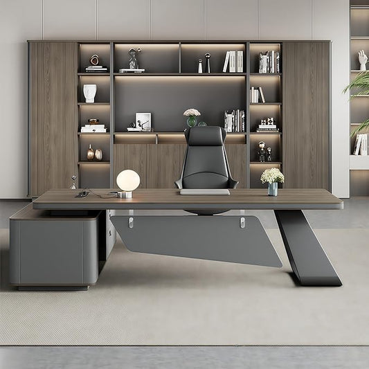 L Shaped Executive Desk, 141.7 inch Large Executive Computer Desk Set Drawers and Lockable, Power Socket and USB Port Storage, Without Display Racks and Bookshelves