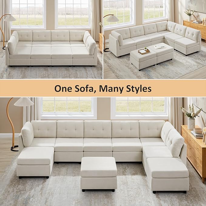 VANOMi 118" Modular Sectional Sofa with 2 Ottomans, 8 Seater Convertible Modular Cloud Sofa Bed, Comfy Chenille Sofas & Couches for Living Room, Apartment, Office, Beige, Large Sofa Bed