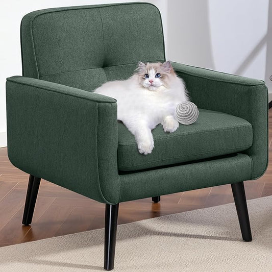 Mid Century Accent Chair, Fabric Modern Chair with Wooden Frame, Cozy Armchair Reading Chair with Comfy Back for Apartment, Living Room, Bedroom, Waiting Room, Small Space, Corner, Green