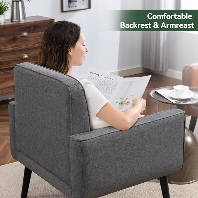 Mid Century Accent Chair, Fabric Modern Chair with Wooden Frame, Cozy Armchair Reading Chair with Comfy Back for Apartment, Living Room, Bedroom, Waiting Room, Small Space, Corner, Grey