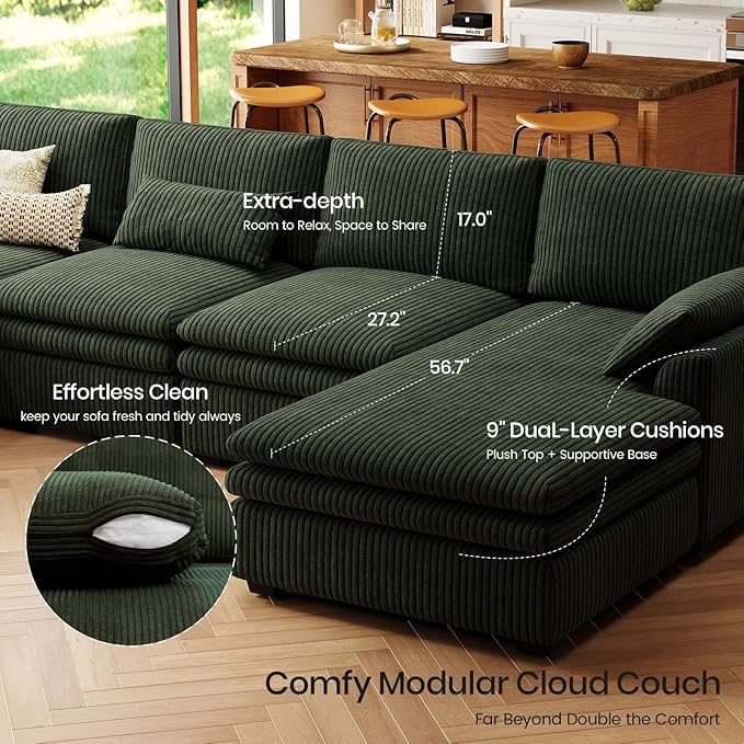 Belffin Large Modular Sectional Sofa with Deep Chaise, 73.6" Corduroy L Shaped Couch with 9" Soft Dual-Layer Seats Cushion for Living Room, Apartment, Green