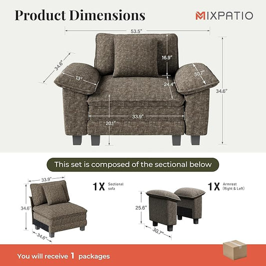 53.5" Cloud Modular Sectional Single Sofa, Deep Seat Armchair with Plush Chenille & Removable Arms for Living Room, Smoky Gray