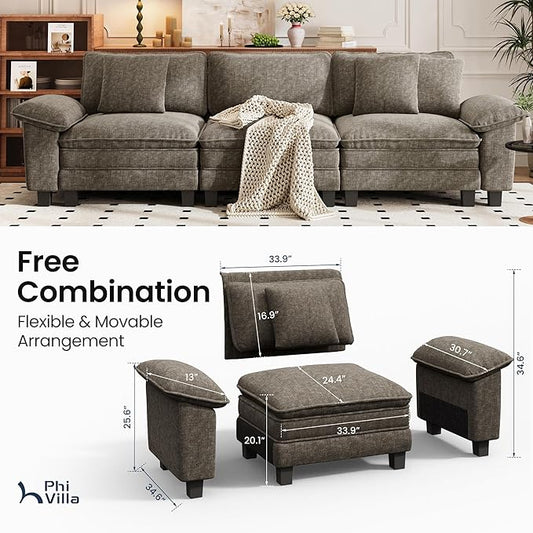 PHI VILLA Modern Modular Couches Sets, 123.6" Cloud Sectional Sofa with Upholstered Deep Seat, 3-Seater Couch for Living Room Small Spaces, Chenille Fabric, Smoky Grey