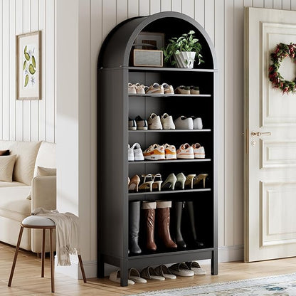 70" Tall Arched Shoe Cabinet, 7-Tier Shoe Rack with 3 Adjustable Shelves, Large Freestanding Shoe Organizer for Entryway, Closet, Hallway, Living Room (Midnight Black)