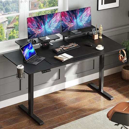 ONBRILL Standing Desk with 2 Adjustable Monitor Shelves, 63 x 24 Inches Electric Stand Up Desk with Memory Controller and Adjustable Height from 28-46 inches for Computer Workstations, All Black