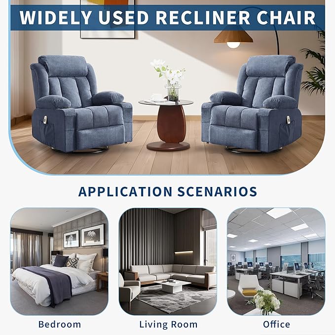 Rocker Recliner Chair with Heat and Massage, 360° Swivel Oversized Recliner for Adults, Single Sofa Seat with 3 Positions, 2 Side Pockets, Cup Holders, and USB Ports, Lazy Boy Recliner (Large, Blue)