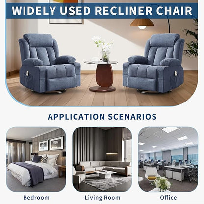Rocker Recliner Chair with Heat and Massage, 360° Swivel Oversized Recliner for Adults, Single Sofa Seat with 3 Positions, 2 Side Pockets, Cup Holders, and USB Ports, Lazy Boy Recliner (Large, Blue)