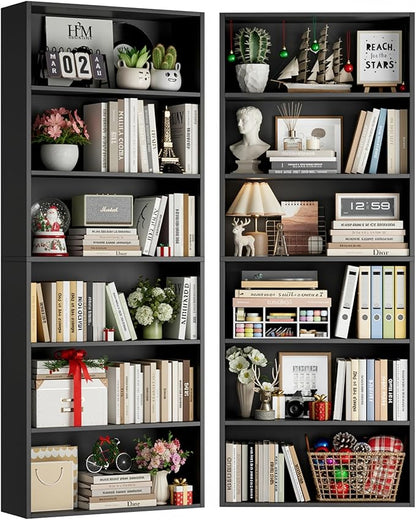 FOTOSOK 70.8" Tall Bookcase Shelf, 6 Tier Wide Bookshelf with Storage, Billy Bookcase Set of 2, Large Bookshelf for Living Room, Home Office, Black
