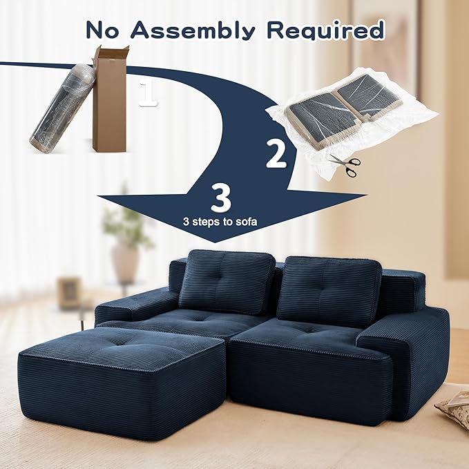 80.3” Blue Boneless Couches for Living Room, Modular Sectional Sofa with L-Shape Chaise, 2 Seater Comfy Upholstered Loveseat Deep Seat Corduroy Fabric Cloud Couch No Assembly, Anti-Slip Design