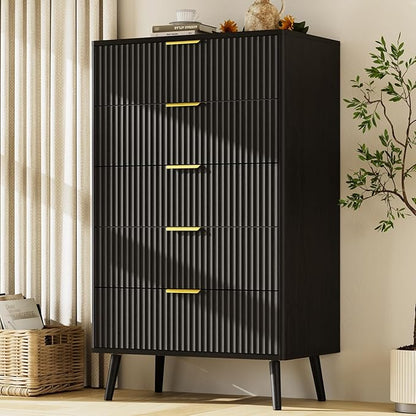 LYNSOM Fluted Dresser and Nightstand Sets 3 Piece, 5-Drawers Dresser and 2-Drawer Nightstands Set of 2, Wood Bedroom Furniture Set for Home, Bedroom, Hallway, Black
