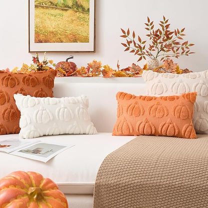 Kevin Textile Fall Pillow Covers 20x20 Inch Set of 2 Soft Pumpkins Decorative Square Pillowcases Plush Autumn Faux Fur Cushions Harvest Gift for Couch Sofa Chair Bedroom Home Decor, Orange