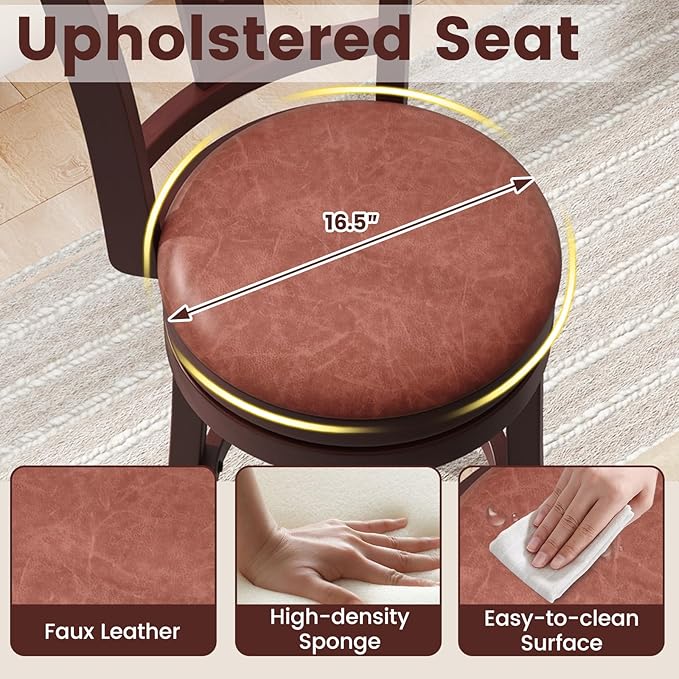 COSTWAY Barstools Set of 2, Faux Leather Upholstered Bar Stools with High Backs and Footrests, Armless Kitchen Island Dining Chairs with Solid Wood Legs, Cappuccino (2, 26'' Seat Height)