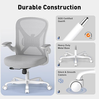 Ergonomic Office Chair Set of 2 with Adjustable Lumbar Support, Mesh Home Office Desk Chair with Wheels and Flip-up Arms, Grey