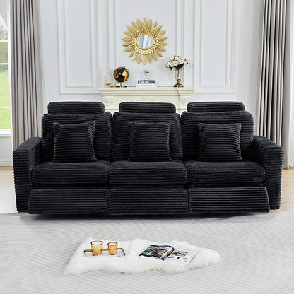 ORRD Power Reclining Sectional Sofa, Electric 3 Seat Recliner with 3 Electric Footrest and Adjustable Headrest, Modern Plush Corduroy Fluffy Reclining Sectional with Deep Seat for Living Room-Black