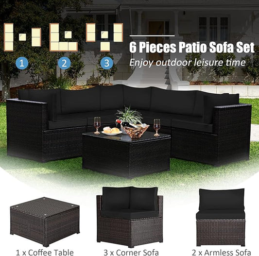 Tangkula 6 Pieces Patio Furniture Set, Outdoor Rattan Sofa Set, Wicker Conversation Set w/Tempered Glass Coffee Table & Cushions, Sectional Sofa Set for Backyard, Garden, Balcony, Poolside (Black)