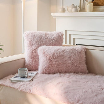 Neelvin Pink Faux Fur Cozy Fluffy Double-Sided Decorative Throw Pillow Covers 18x18 inch Set of 2,Velvet Pillowcase Cushion Case for Sofa Couch