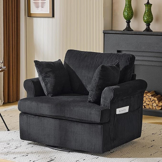 Karl home 39" Swivel Accent Chair,Oversized Seat Armchair W/2 Pillows and 4 Pockets,Modern Upholstered Corduroy Barrel Chairs,Comfy Single Sofa for Living Room,Reading,Bedroom and Office -Black