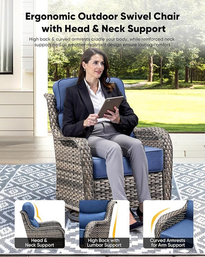 HUMMUH Outdoor Patio Wicker Swivel Rocker Chairs with 6-Inch Thick Cushion High Back 3 PCS Wicker Conversation Set for Porch Balcony Deck