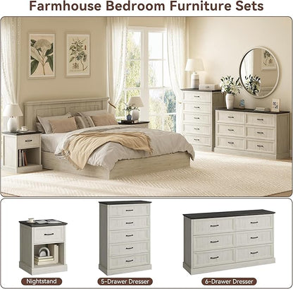 CARPETNAL Farmhouse Dresser and Nightstand Sets for Bedroom, 4 Pcs Bedroom Set, 5 Drawer & 6 Drawer Dresser and Nightstand Set of 2, Wood Chest of Drawers for Living Room, Entryway, White