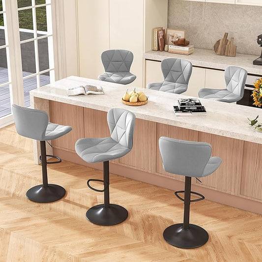 Bar Stools Set of 6,Adjustable Swivel Barstools, Faux Leather Bar Chairs,Upholstered Counter Height with High Backrest for Kitchen Island, Light Grey