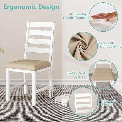 Farmhouse Dining Table Set for 6 Person, 59" Kitchen Table Set with 6 Upholstered Chairs, White Rectangular Dinner Room Table & Chairs Set Rustic Wood Stable (6 Chairs)