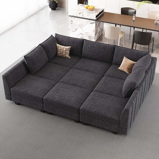 Belffin Large Modular Sectional Sofa Sleeper Sectional Couch with Storage Chenille Sectional Sofa Bed for Living Room, 9 Seats, Dark Grey