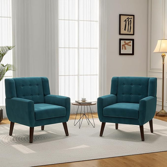 Accent Chair, Mid-Century Modern Velvet Fabric Chairs with Arms for Living Room, Comfy Upholstered Club Single Sofa Armchair for Bedroom Waiting Room with Solid Wood Frame (Velvet Blue, Set of 2)
