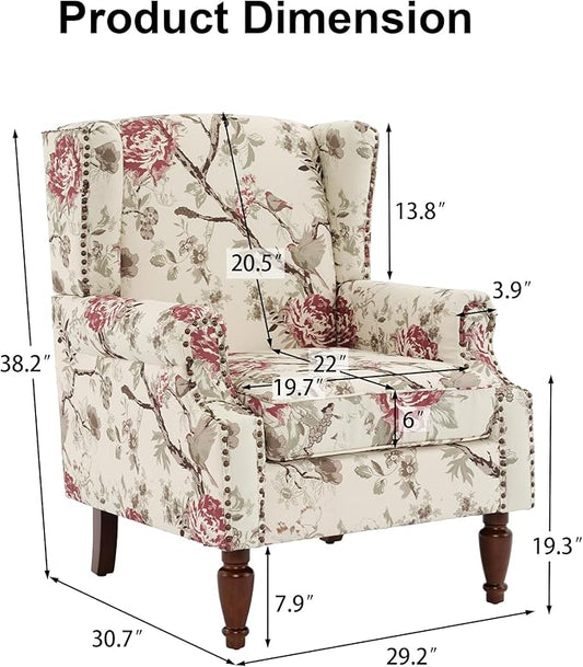 Pia Ricco High Back Floral Accent Chair - Retro Wingback Upholstered Armchair with Nailhead Trim, Solid Wood Legs, Fabric Living Room Bedroom Reading Chair (Flower Beige)